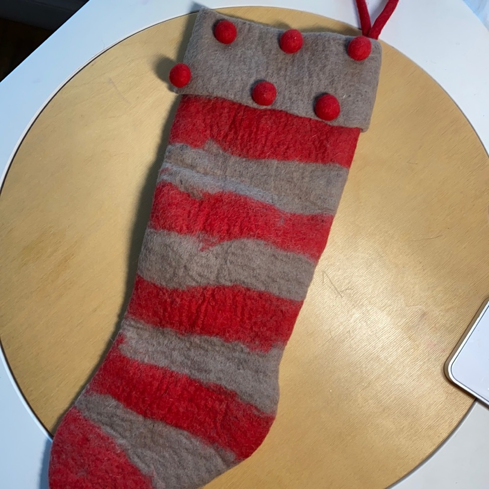 Felted brown and red Pom Pom holiday Christmas stocking